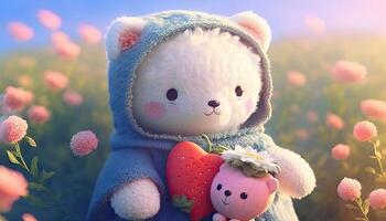 Cute rag bear doll romantic canola field Made with photo