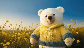 Cute rag bear doll romantic canola field Made with photo