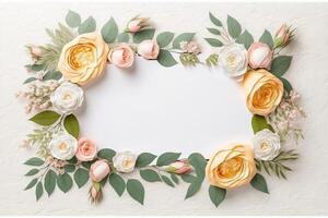 Blank white paper invitation message with flower frame top view Made with photo