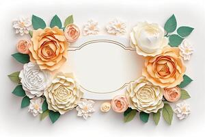 Blank white paper invitation message with flower frame top view Made with photo