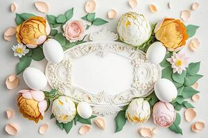 Blank white paper invitation message with flower frame top view Made with photo