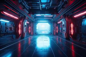 futurista corredor pasillo túnel con neón ligero. de alta tecnología ciencia ficción pasaje astronave antecedentes ai generado foto
