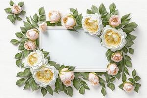 Blank white paper invitation message with flower frame top view Made with photo