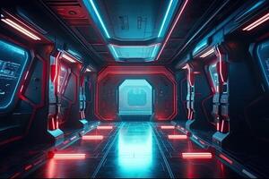 Futuristic corridor hallway tunnel with neon light. Hi-tech sci-fi passageway spaceship background AI Generated photo