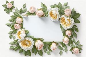 Blank white paper invitation message with flower frame top view Made with photo