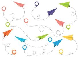 Paper airplane with dotted trace and map pointer pin vector