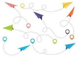 Paper airplane with dotted trace and map pointer pin vector