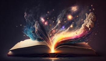 Open book Galaxy milky way stars other dimension cloud space explosion background photo