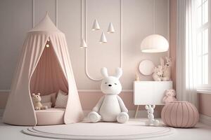 Pink scandinavian interior kids' bedroom with toys an dolls photo