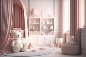 Pink scandinavian interior kids' bedroom with toys an dolls photo