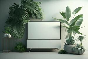 Modern living room with plants, counter and frame.white green pastel color background Made With photo