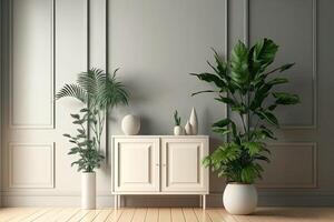 Modern living room with plants, counter and frame.white green pastel color background Made With photo