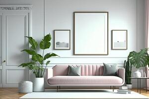Modern living room with plants, counter and frame.white green pastel color background Made With photo