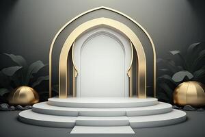 Round empty podium platform product display luxury gold white tropical minimalist Made with photo