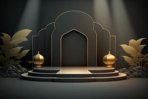 lujo islámico Ramadán podio etapa producto monitor verde y oro marco ai generado foto