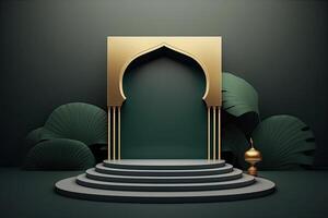 Luxury islamic ramadan podium stage product display green and gold frame photo