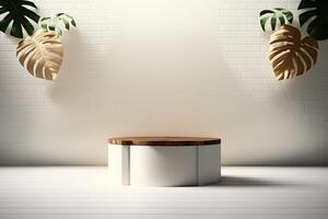 minimalist empty round wooden podium product showcase display with tropical plants photo