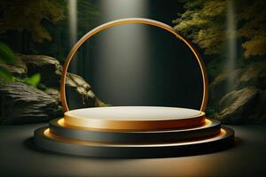 White and golden round podium stage product display showcase on natural forest theme photo