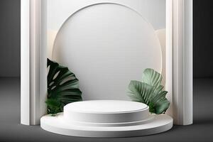 minimalist empty round wooden podium product showcase display with tropical plants photo