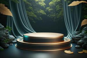 White and golden round podium stage product display showcase on natural forest theme photo