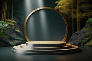 White and golden round podium stage product display showcase on natural forest theme photo