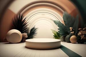 minimalist empty round wooden podium product showcase display with tropical plants photo