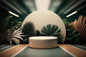 minimalist empty round wooden podium product showcase display with tropical plants photo
