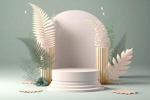 Empty minimalist soft pastel color podium product display with tropical plants background photo