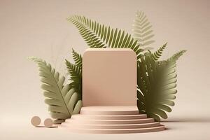 Empty minimalist soft pastel color podium product display with tropical plants background photo