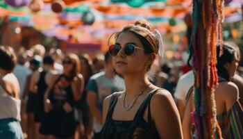 alguien disfrutando un verano festival con multitudes de personas y vistoso decoraciones generativo ai foto