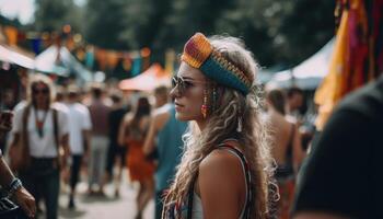 alguien disfrutando un verano festival con multitudes de personas y vistoso decoraciones generativo ai foto