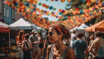 alguien disfrutando un verano festival con multitudes de personas y vistoso decoraciones generativo ai foto