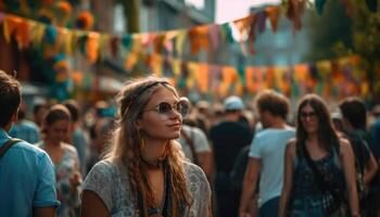 alguien disfrutando un verano festival con multitudes de personas y vistoso decoraciones generativo ai foto