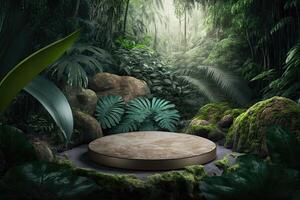 Flat circle round podium platform product display presentation tropical nature forest Made with photo