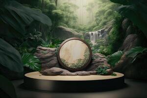 Flat circle round podium platform product display presentation tropical nature forest Made with photo