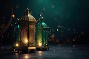 Islamic lantern stands with candle light and arabian ornament, ramadan kareem green background photo