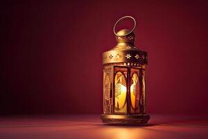 Islamic lantern stands with candle light and arabian ornament, ramadan kareem maroon background photo