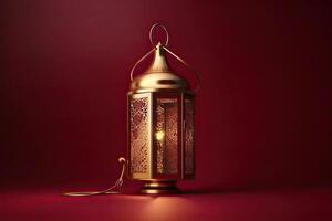 Islamic lantern stands with candle light and arabian ornament, ramadan kareem maroon background photo