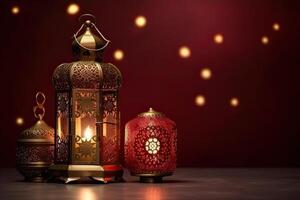 Islamic lantern stands with candle light and arabian ornament, ramadan kareem maroon background photo