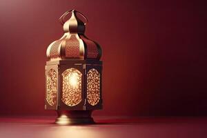 Islamic lantern stands with candle light and arabian ornament, ramadan kareem maroon background photo