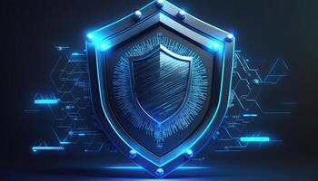 Cyber security digital data protection shield on blue background. Database security software development.Made with photo