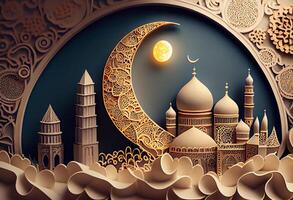 Paper quilling islamic mosque tower Ramadan kareem dark gold background photo