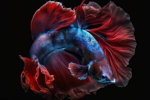 hermosa vistoso rojo y azul de siamés Betta pescado en llanura oscuro negro antecedentes hecho con generativo ai foto
