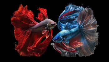 hermosa vistoso rojo y azul de siamés Betta pescado en llanura oscuro negro antecedentes hecho con generativo ai foto