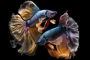 Beautiful colorful gold and blue of siamese betta fish in plain dark black background Made with photo