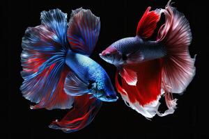 hermosa vistoso rojo y azul de siamés Betta pescado en llanura oscuro negro antecedentes hecho con generativo ai foto