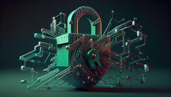 Cyber security digital data protection lock on green background. Database security software development.Made with photo