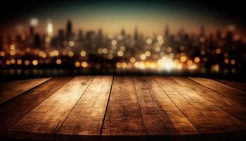 Empty wooden table top above city light blurry background made with photo