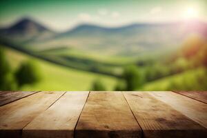 Empty wooden table top blurry green hills view background made with photo