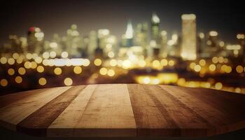 Empty wooden table top above city light blurry background made with photo